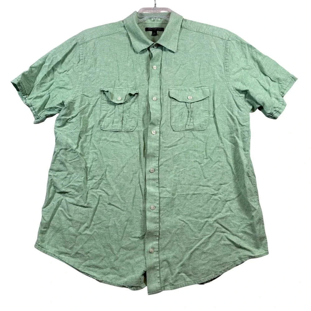 Banana Republic Button Down Mens XL Green Linen Blend Short Sleeve Utility Shirt